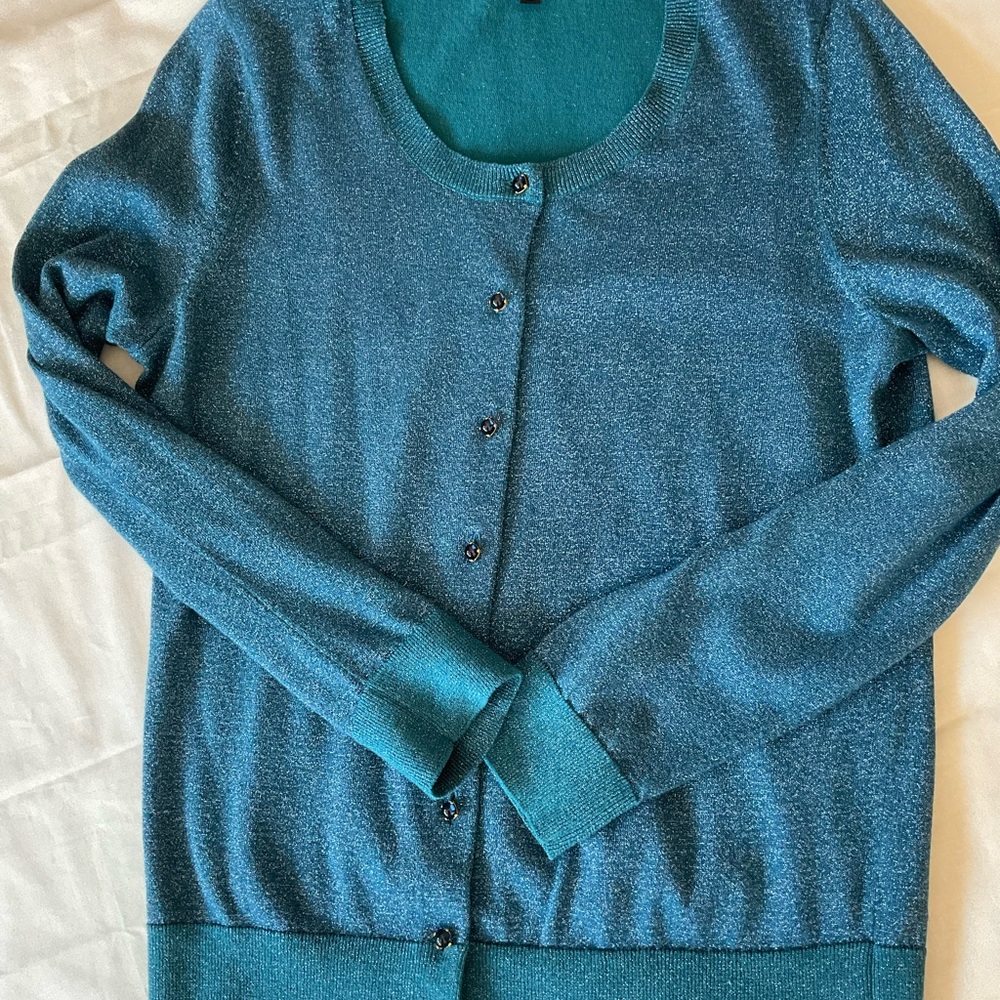 Talbots Teal Metallic Fancy Button-Up Cardigan Sweater